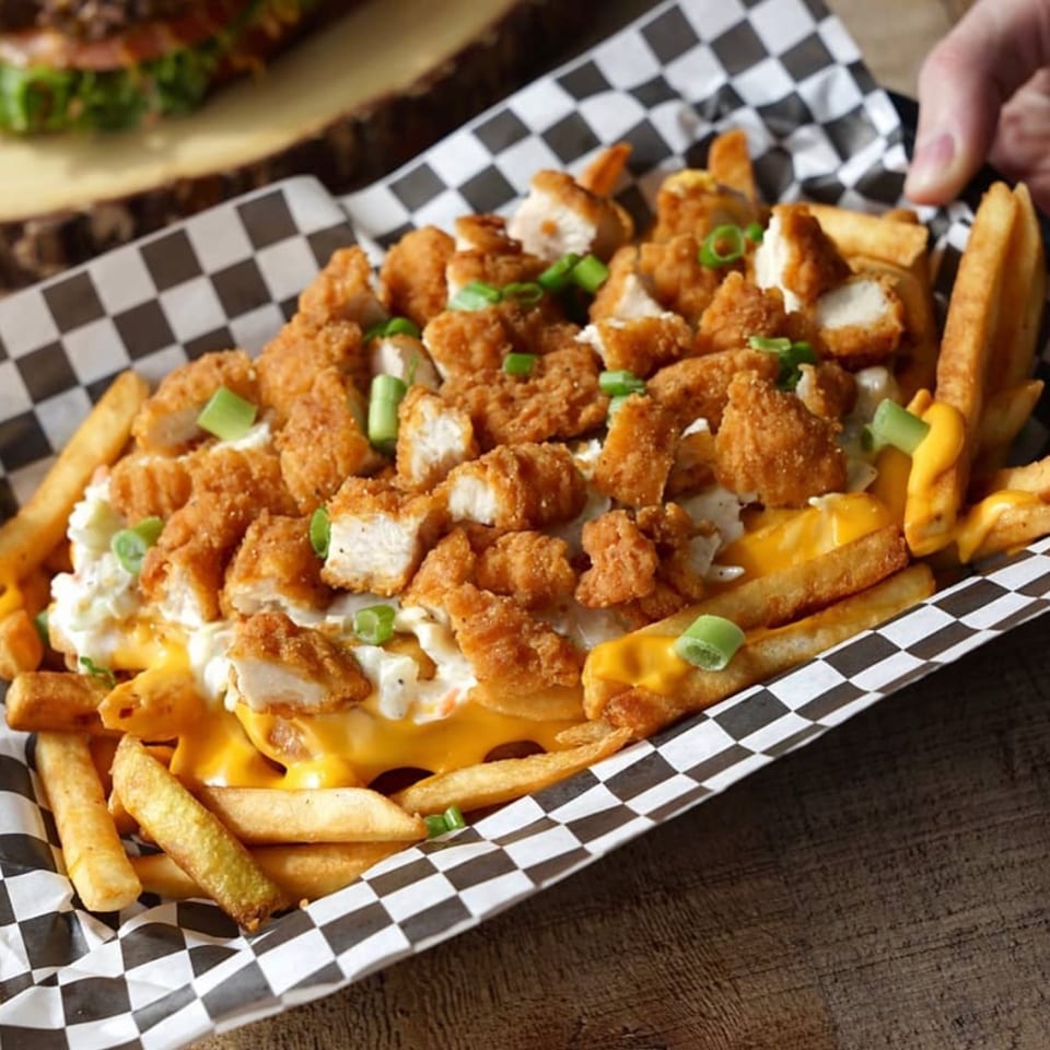 Tee's A1 Dogs' loaded fries with crispy chicken, cheese sauce, and green onions in a basket.