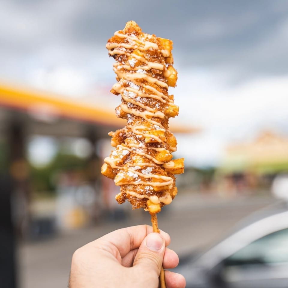 Hand holding a Tee's A1 Dogs churro-style corn dog, drizzled with sauce and powdered sugar.